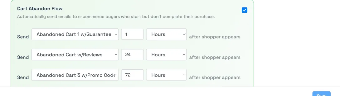 The Cart Abandon Flow with three timed email steps sent after a shopper appears