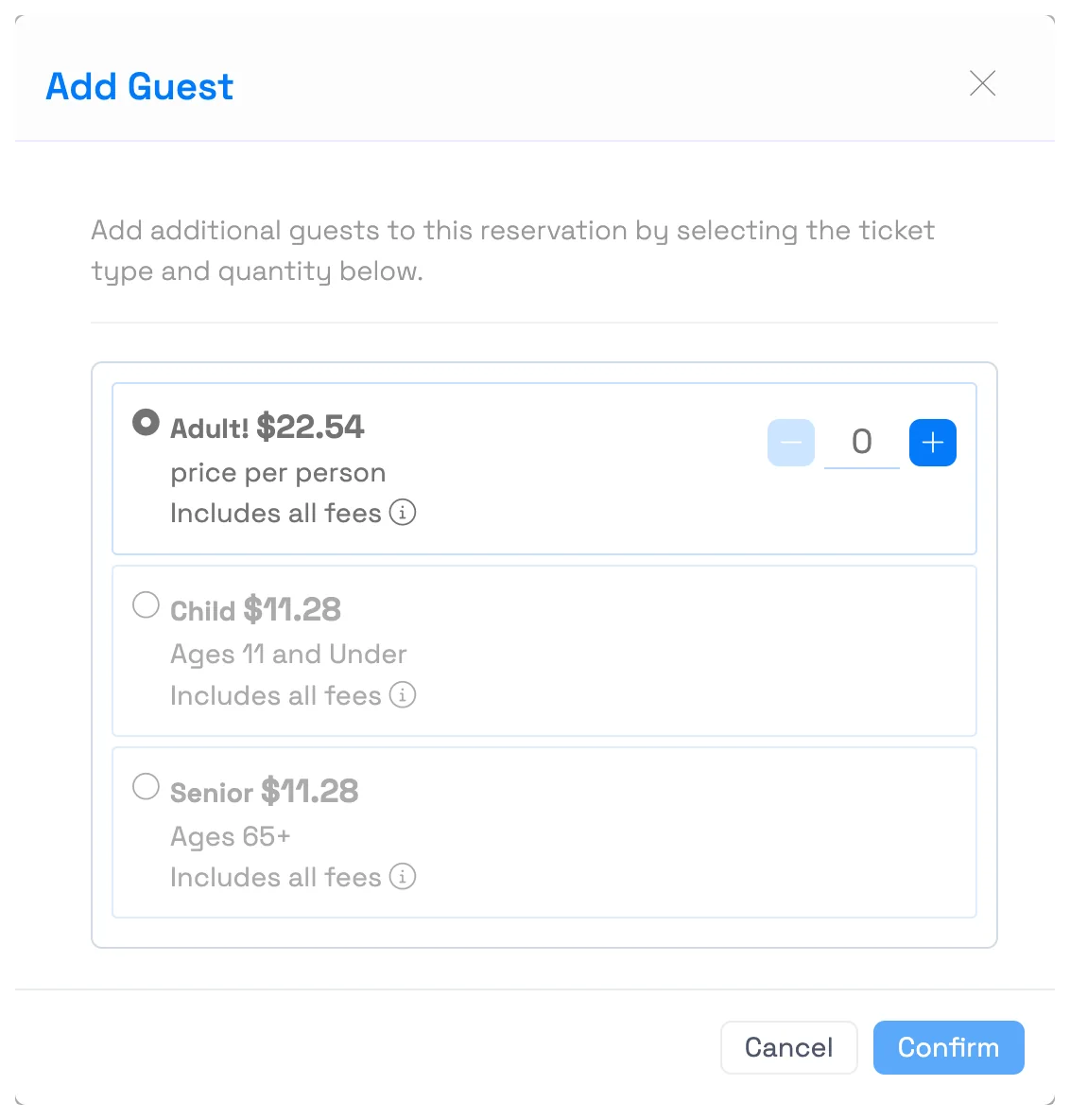 Add a guest to an existing trip in TripWorks — the Add Guest window for choosing ticket type and quantity