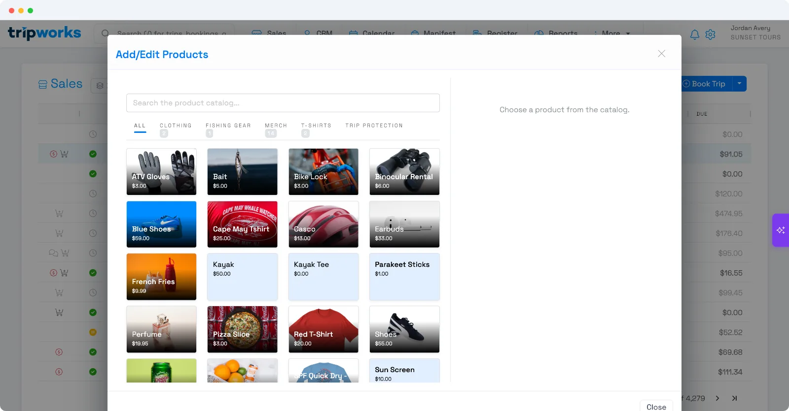 The Add/Edit Products catalog on a booking, showing product tiles by category with prices