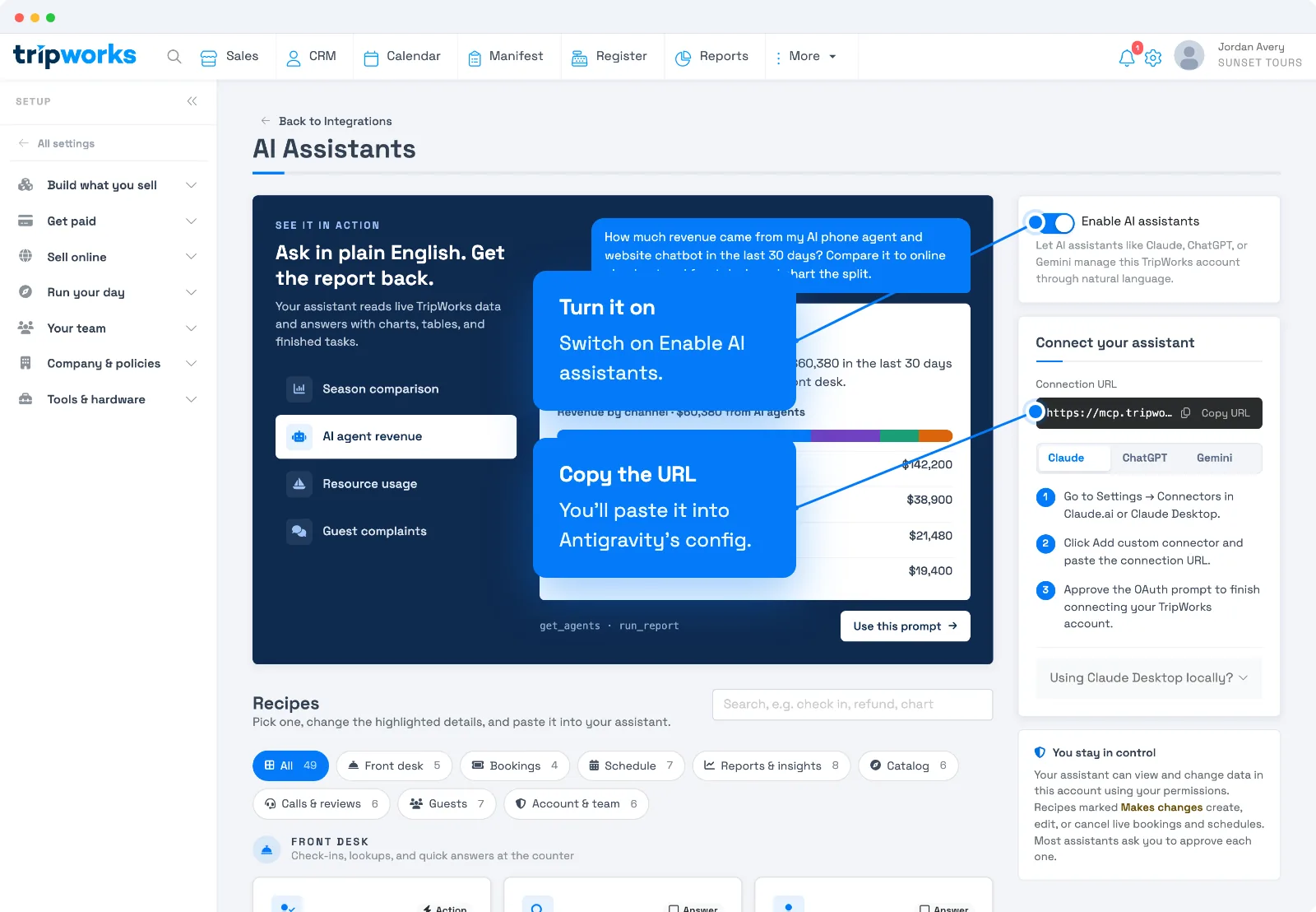 TripWorks AI Assistants page with callouts for the Enable AI assistants switch and the Connection URL to paste into Google Antigravity