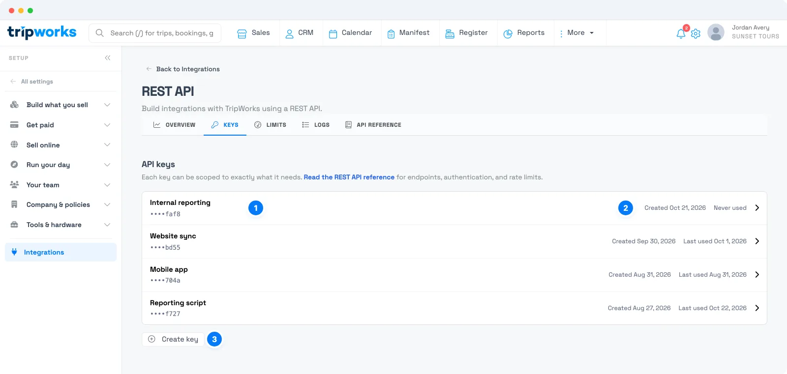 TripWorks REST API Keys tab listing each key with its name, last four characters, created date, and last used date, and a Create key button