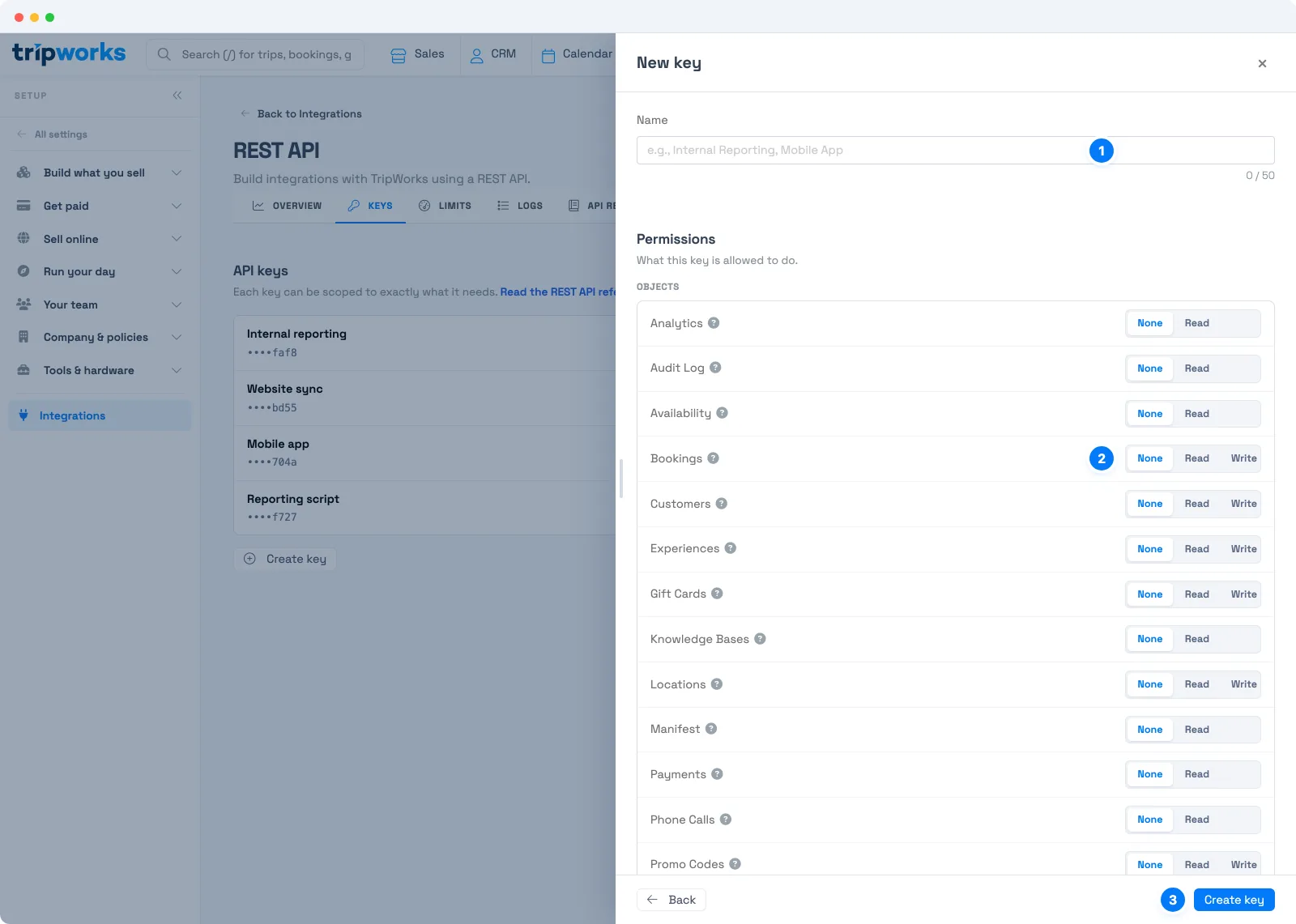 TripWorks REST API New key panel with a Name field, a Permissions list of None, Read, and Write per object, and a Create key button