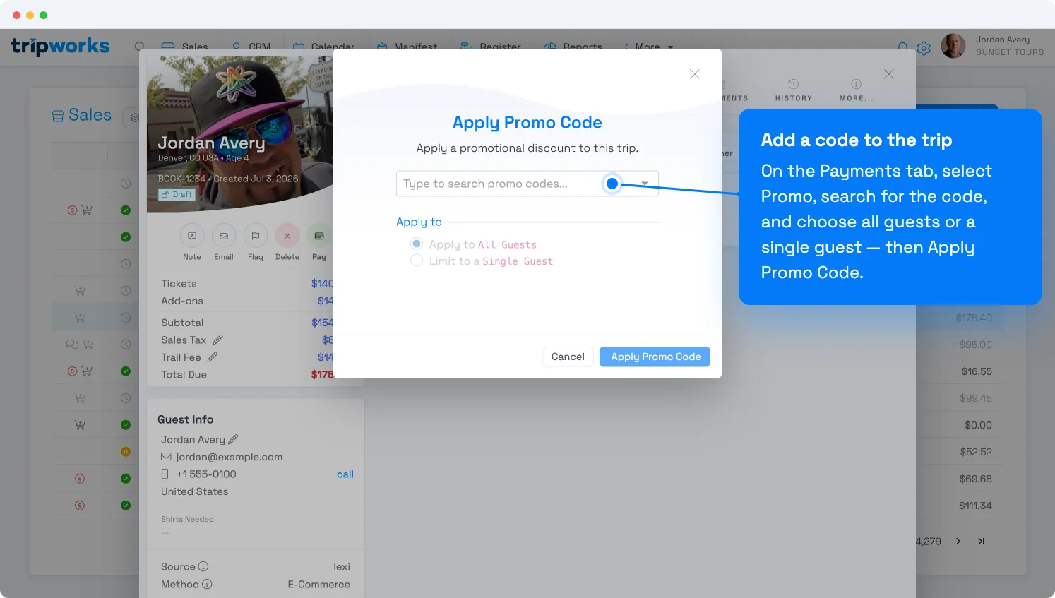 Apply a promo code to a trip in TripWorks — the Apply Promo Code window with a search field and Apply to All Guests or Single Guest options