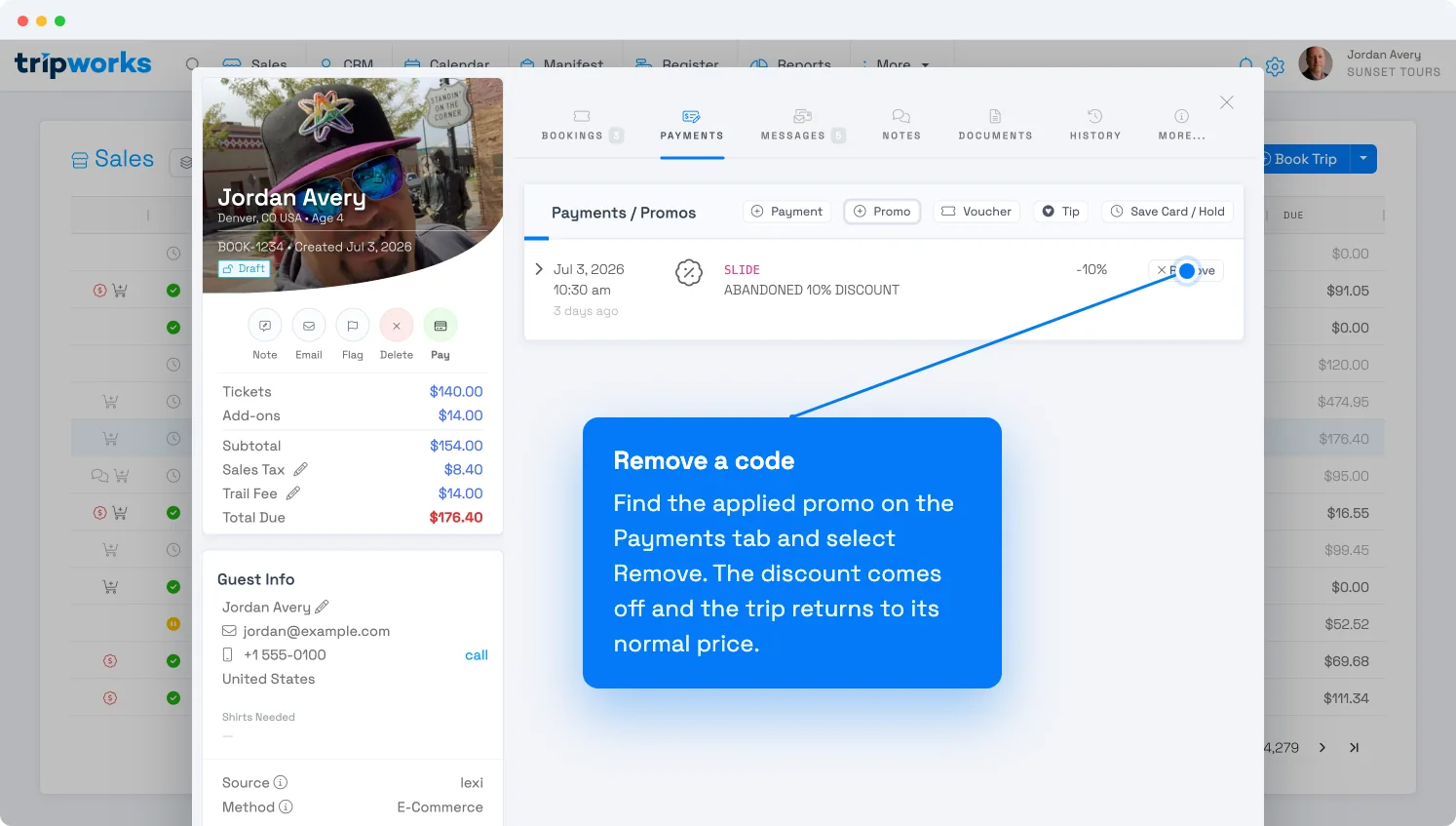 Remove a promo code from a trip in TripWorks — the applied promo code row on the Payments tab with a Remove button