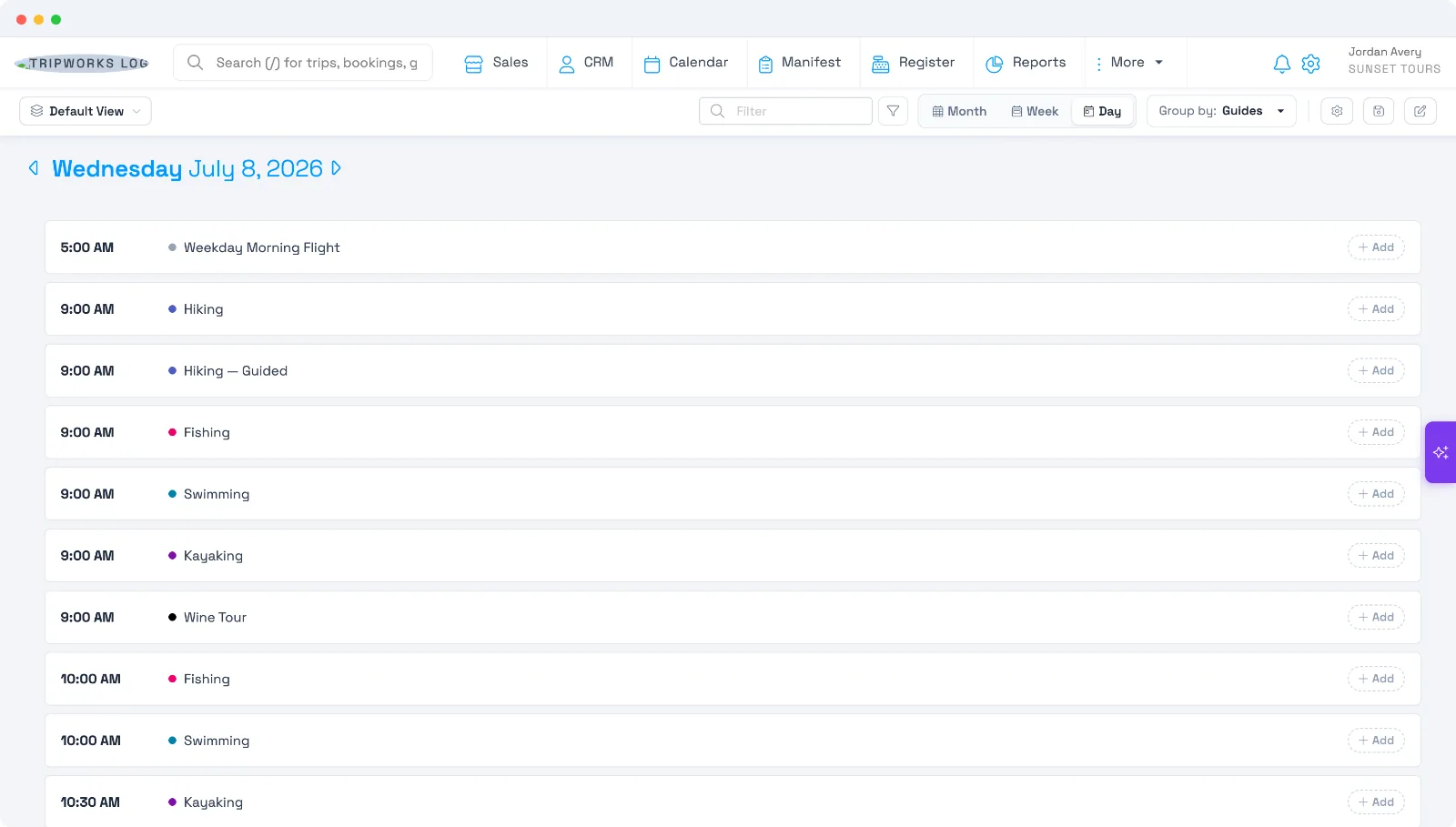 The calendar grouped by Guides, showing each timeslot with an Add action to assign a guide