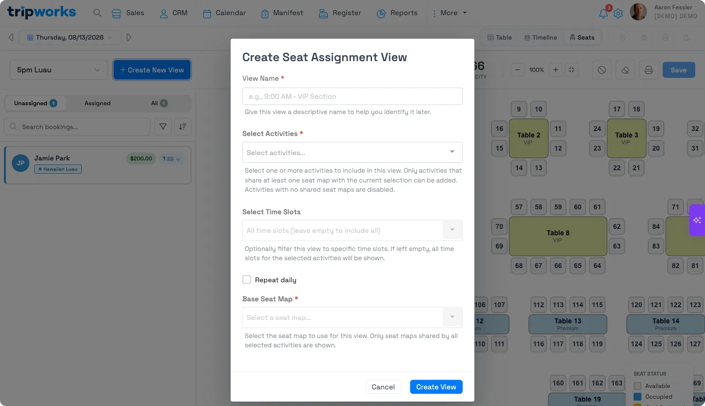 Create Seat Assignment View dialog with name, activities, time slots, and seat map fields Create Seat Assignment View dialog with name, activities, time slots, and seat map fields