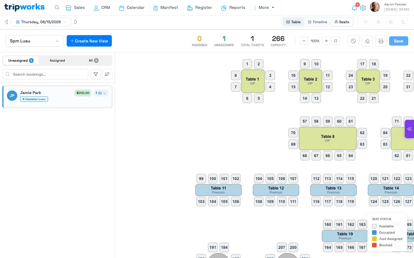 Seat assignment view with an unassigned booking in the left panel and the seat map on the right Seat assignment view with an unassigned booking in the left panel and the seat map on the right