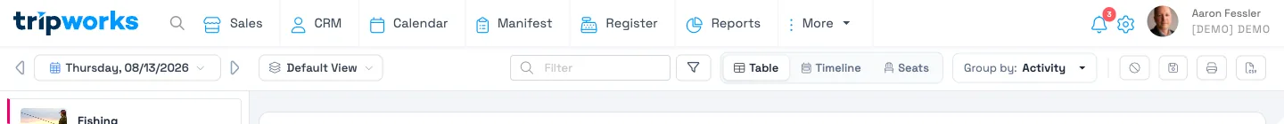 Manifest toolbar with Table, Timeline, and Seats tabs Manifest toolbar with Table, Timeline, and Seats tabs