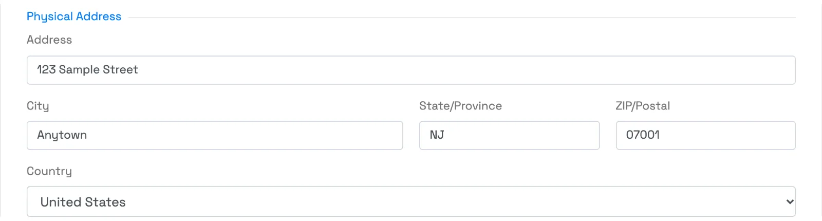 The Physical Address section of the guest Contact tab, filled in from the driver license