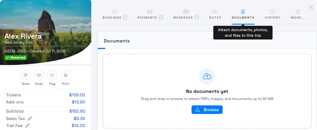 The Documents tab on a trip in TripWorks, with a drag-and-drop upload area