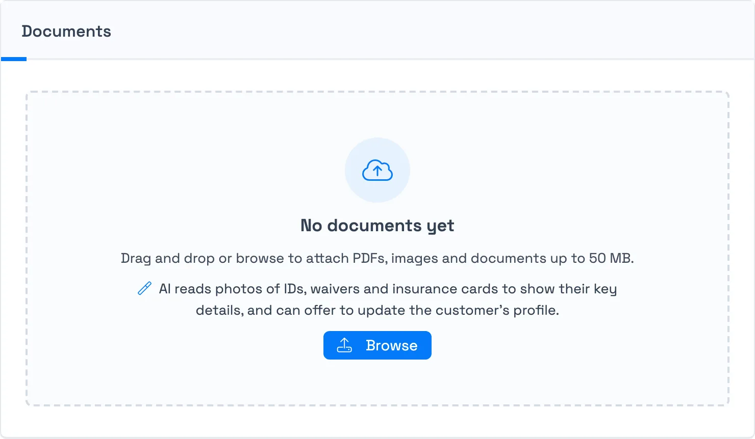 The Documents tab on a trip before any file is added, with a drag-and-drop upload area