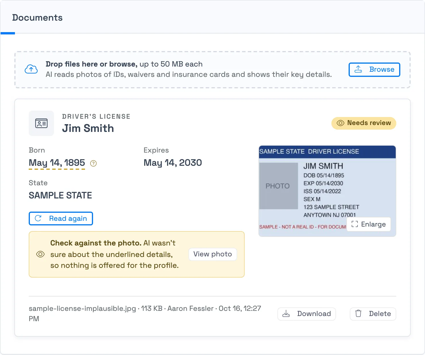 A driver license card marked Needs review, with an underlined birth date and a notice to check against the photo