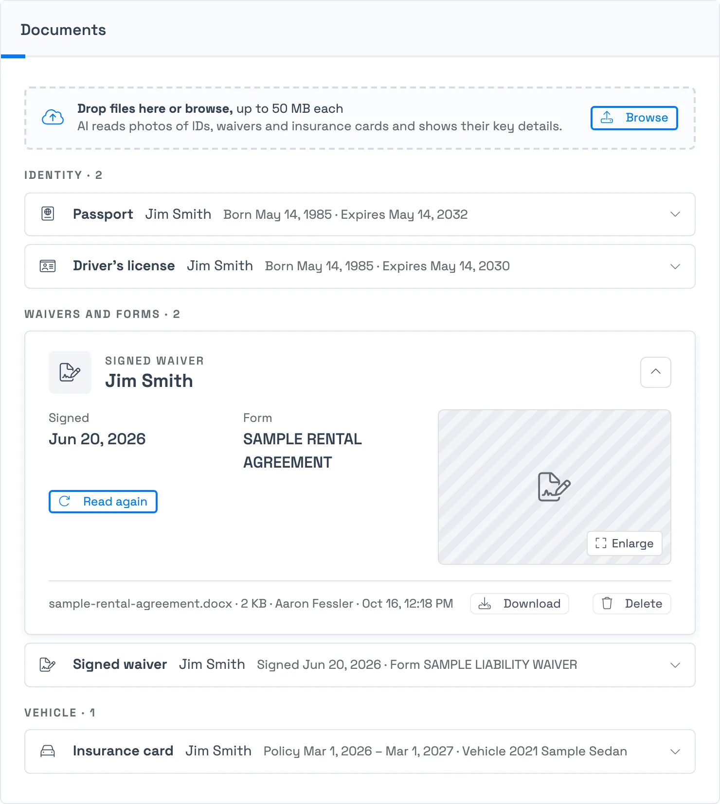 A trip Documents tab with a passport, a driver license, two waivers, and an insurance card grouped by type