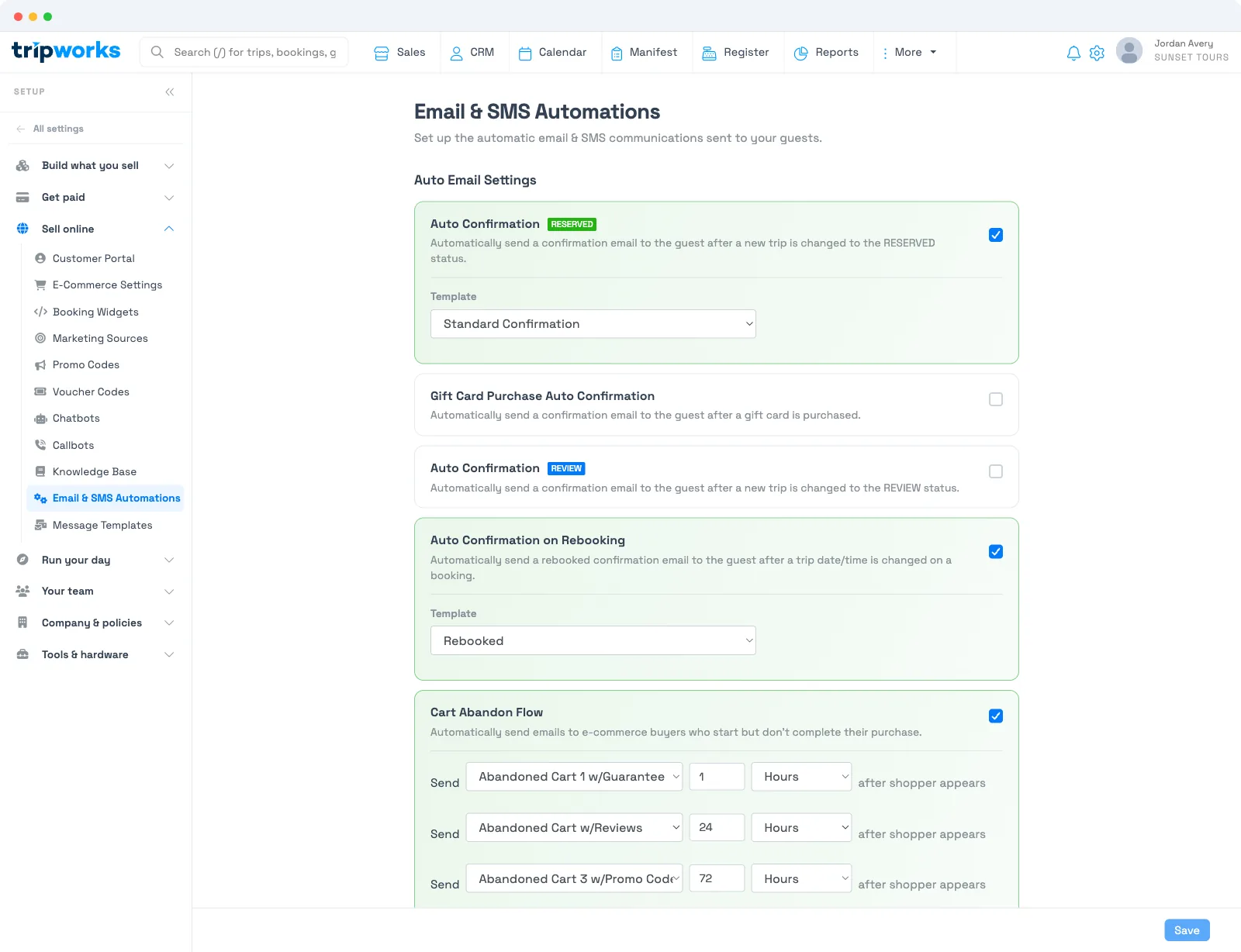 Automated messages in TripWorks — the Email & SMS Automations page with Auto Confirmation, Gift Card, Rebooking, and Cart Abandon Flow toggles and template pickers