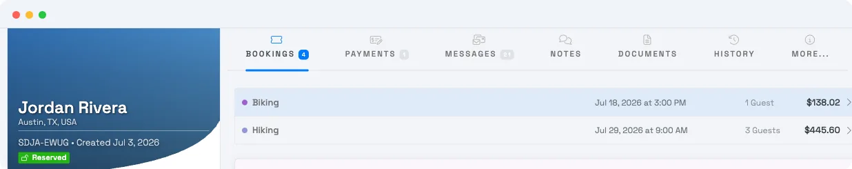 A booking with two activities shown as tabs, and the Add activity action on the trip