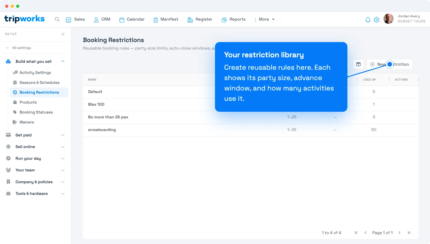 Booking Restrictions library in TripWorks — reusable rules listing each one's party size, advance window, and how many activities use it