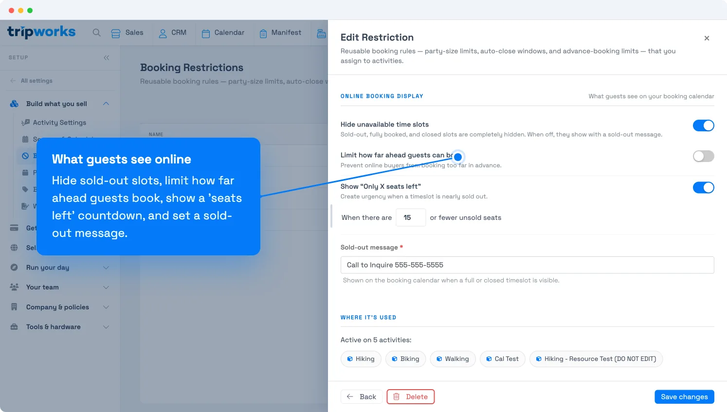 Online booking display options in a TripWorks restriction — hide unavailable slots, limit advance booking, show a seats-left countdown, and a sold-out message