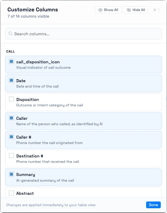 The Customize Columns dialog showing 7 of 14 columns visible, each with a description