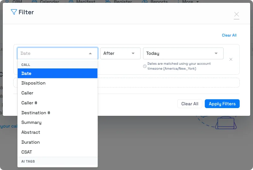 The Filter dialog's field dropdown, showing fields grouped under Call and AI Tags