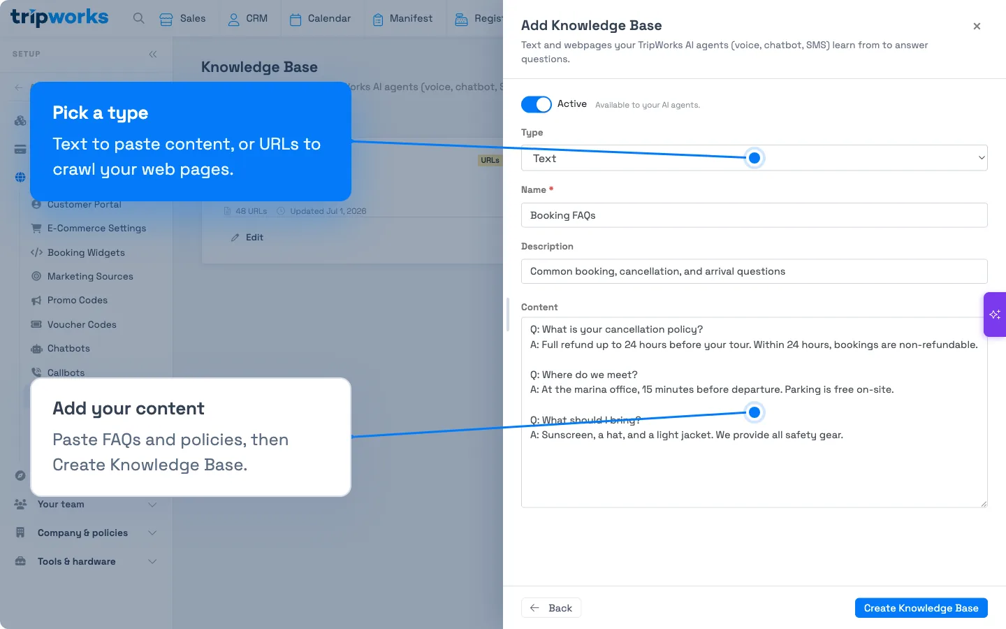 The Add Knowledge Base panel with Active toggle, Type set to Text, Name, Description, and a Content box of FAQ text