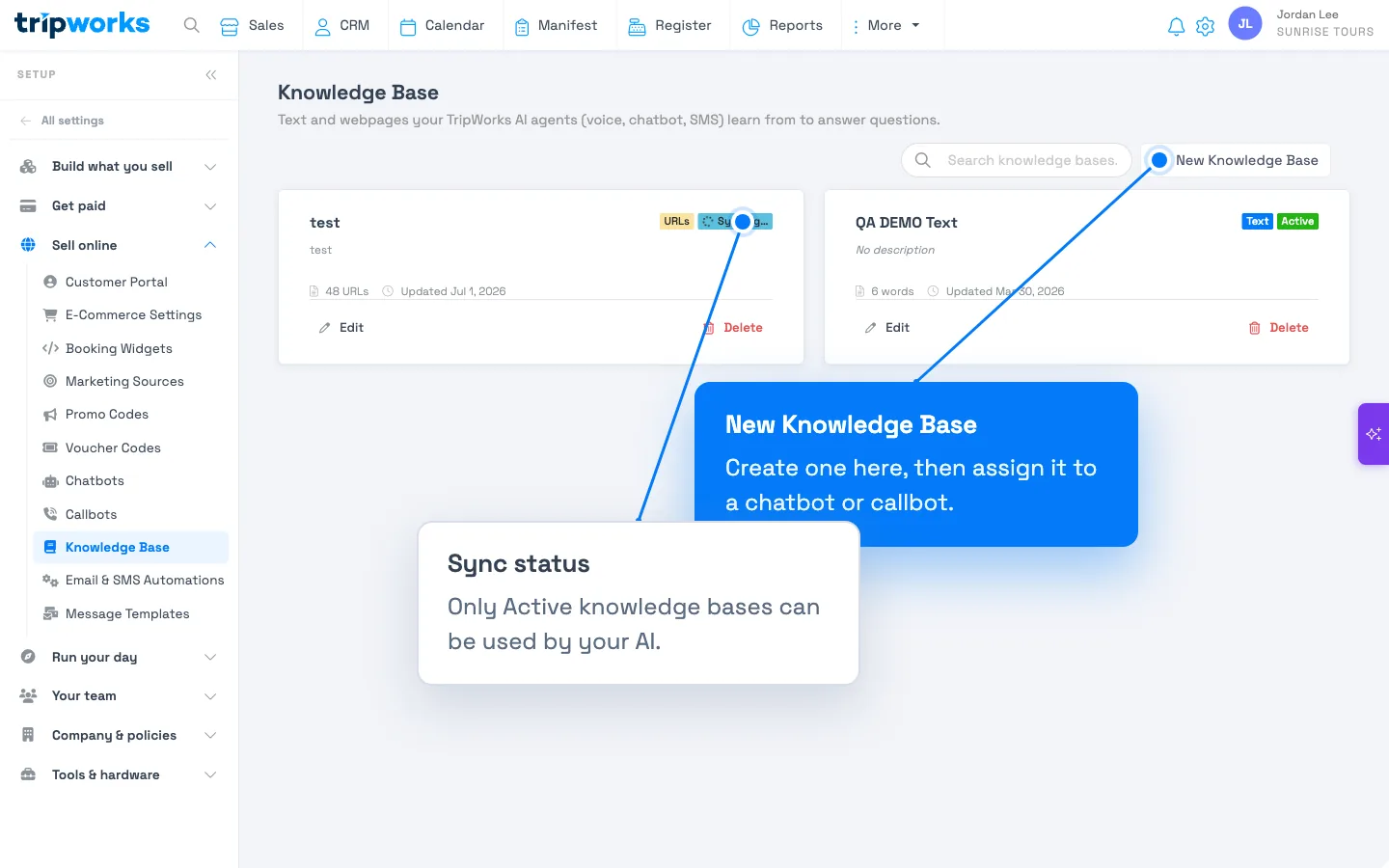 The Knowledge Base list in Setup, with two knowledge bases showing their type and sync status, and a New Knowledge Base button
