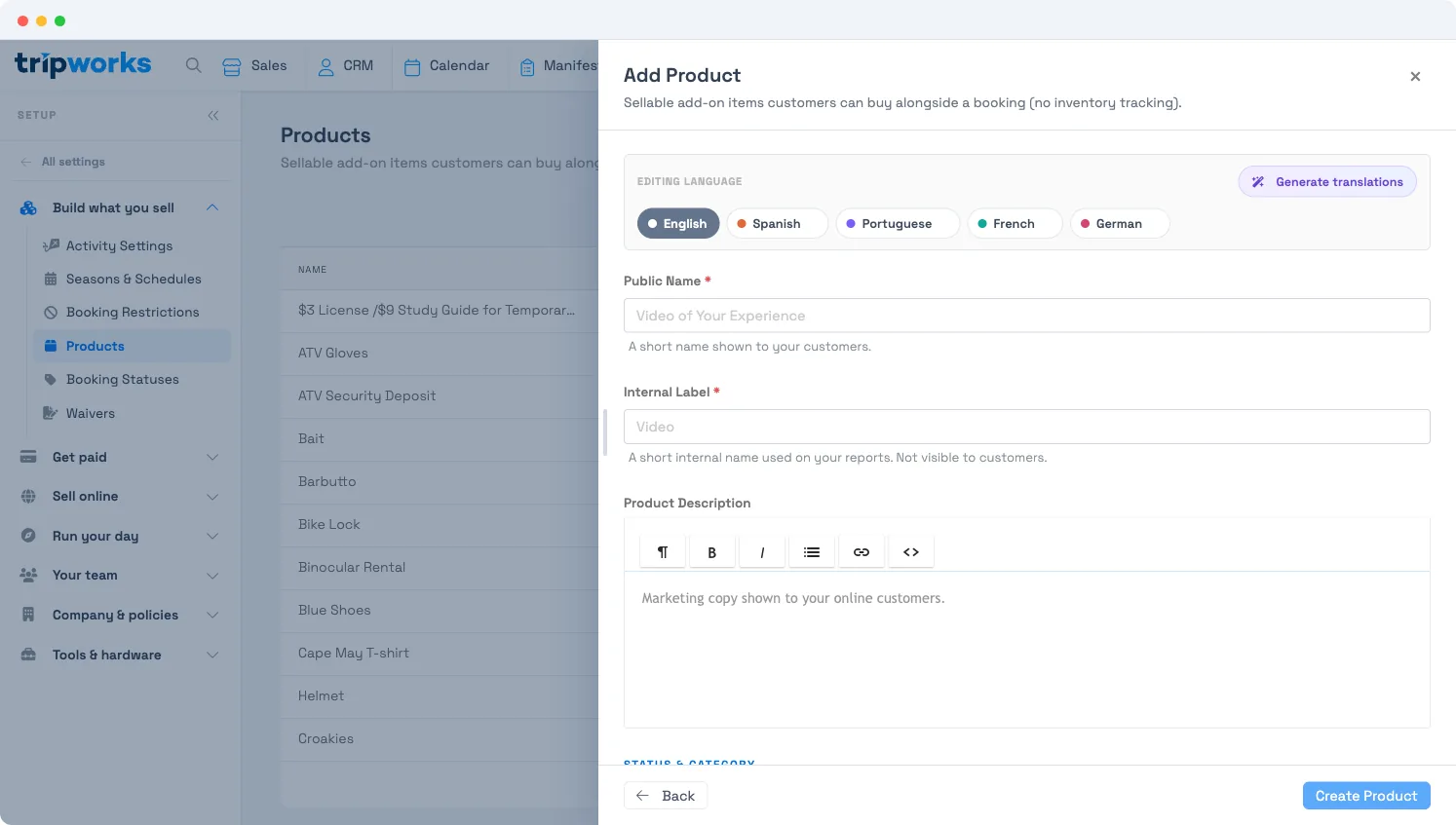 The Add Product editor with Public Name, Internal Label, and Product Description fields, and a note that products have no inventory tracking