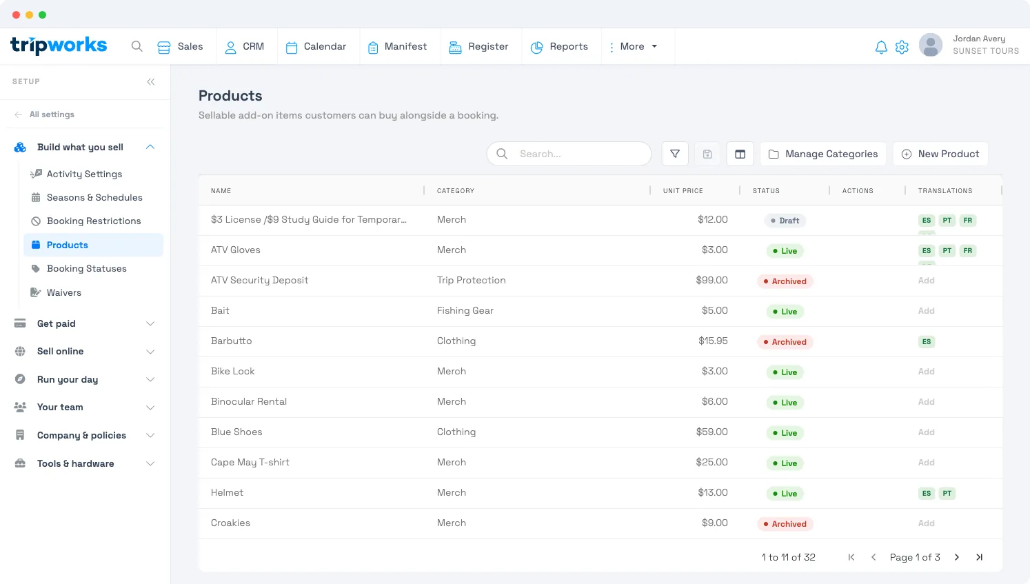 The Products list in Setup, with columns for Name, Category, Unit Price, and Status, and New Product and Manage Categories buttons