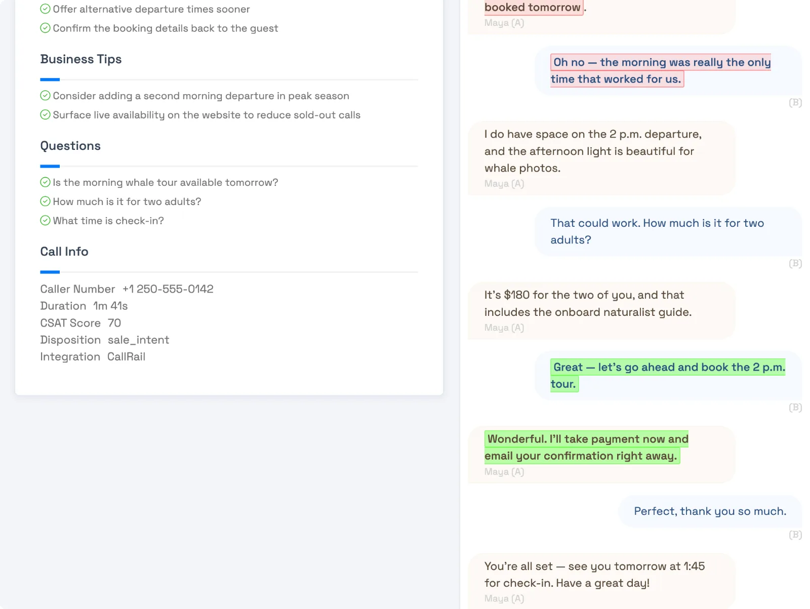 A call's analysis panel in TripWorks showing coaching tips, business tips, extracted questions, and Call Info with a CSAT score, disposition, and integration