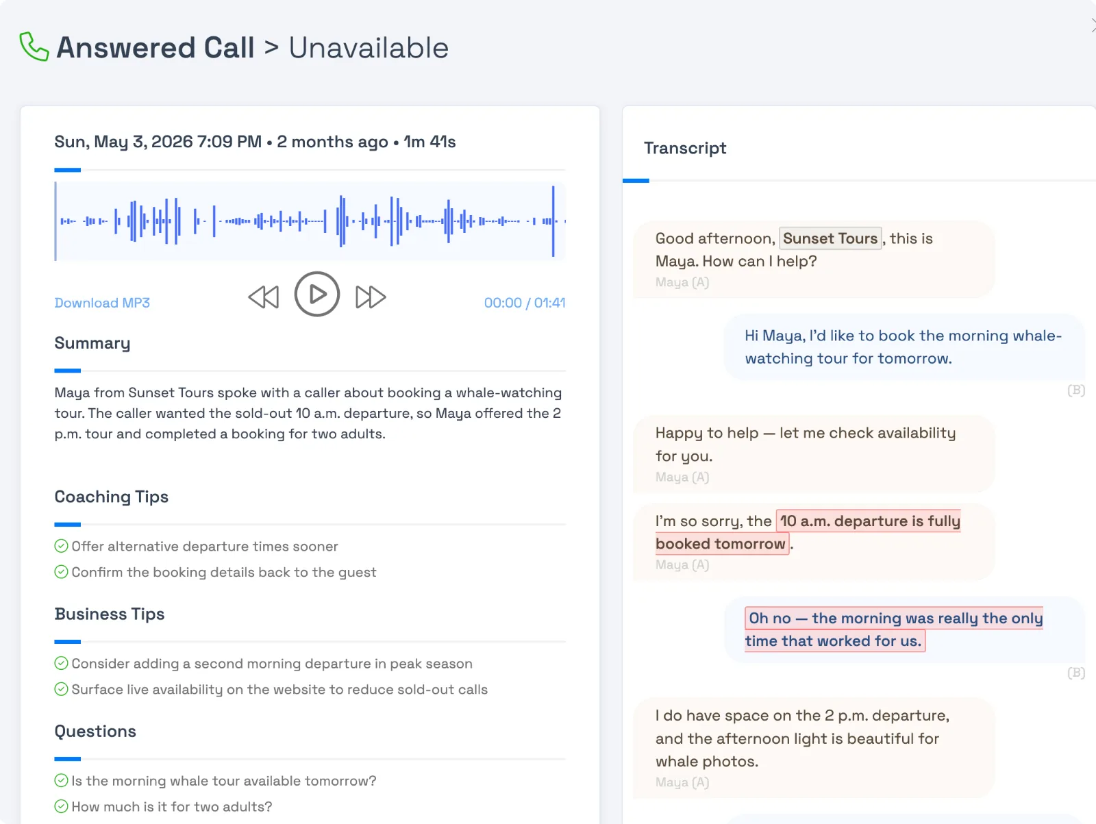 A call open in TripWorks — waveform player and AI summary on the left, the speaker-labeled transcript with highlighted moments on the right