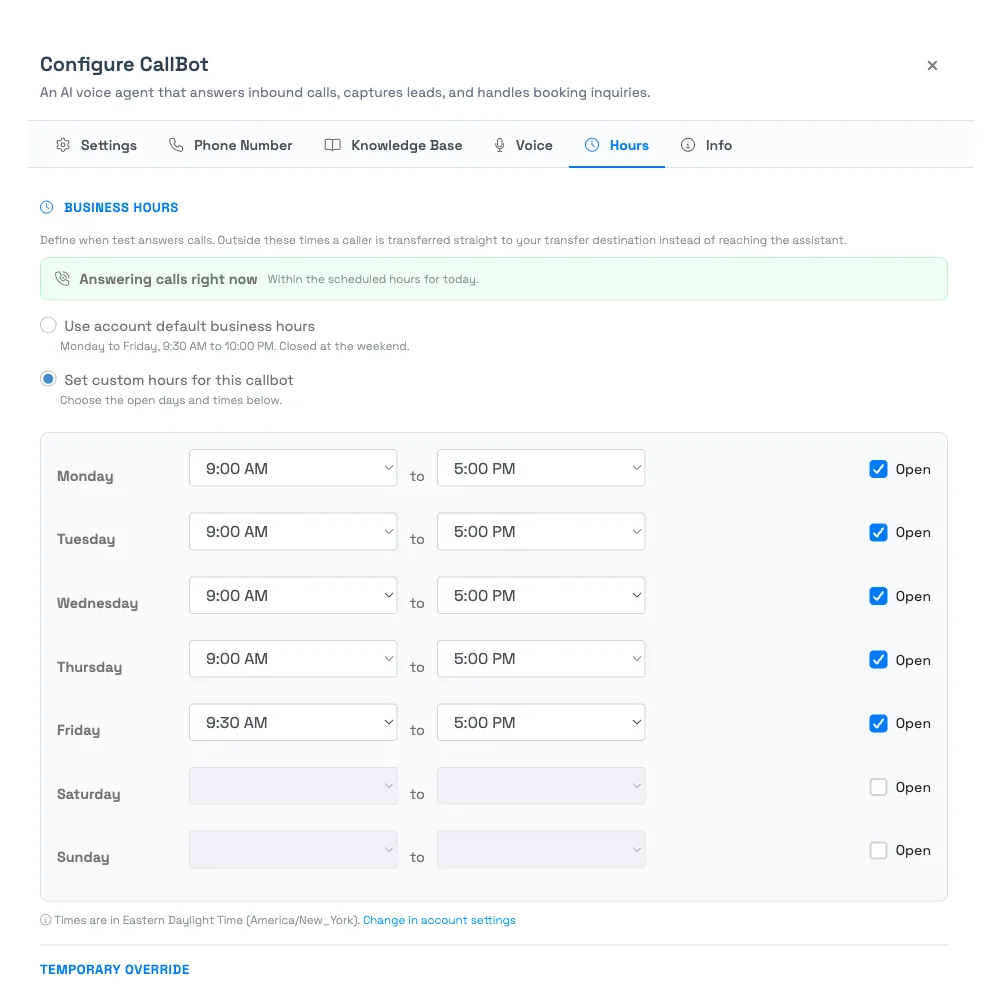 The Configure CallBot panel's Hours tab, showing a live 'Answering calls right now' badge, the account-default versus custom-hours toggle, and a per-day grid of open/closed switches with start and end time pickers