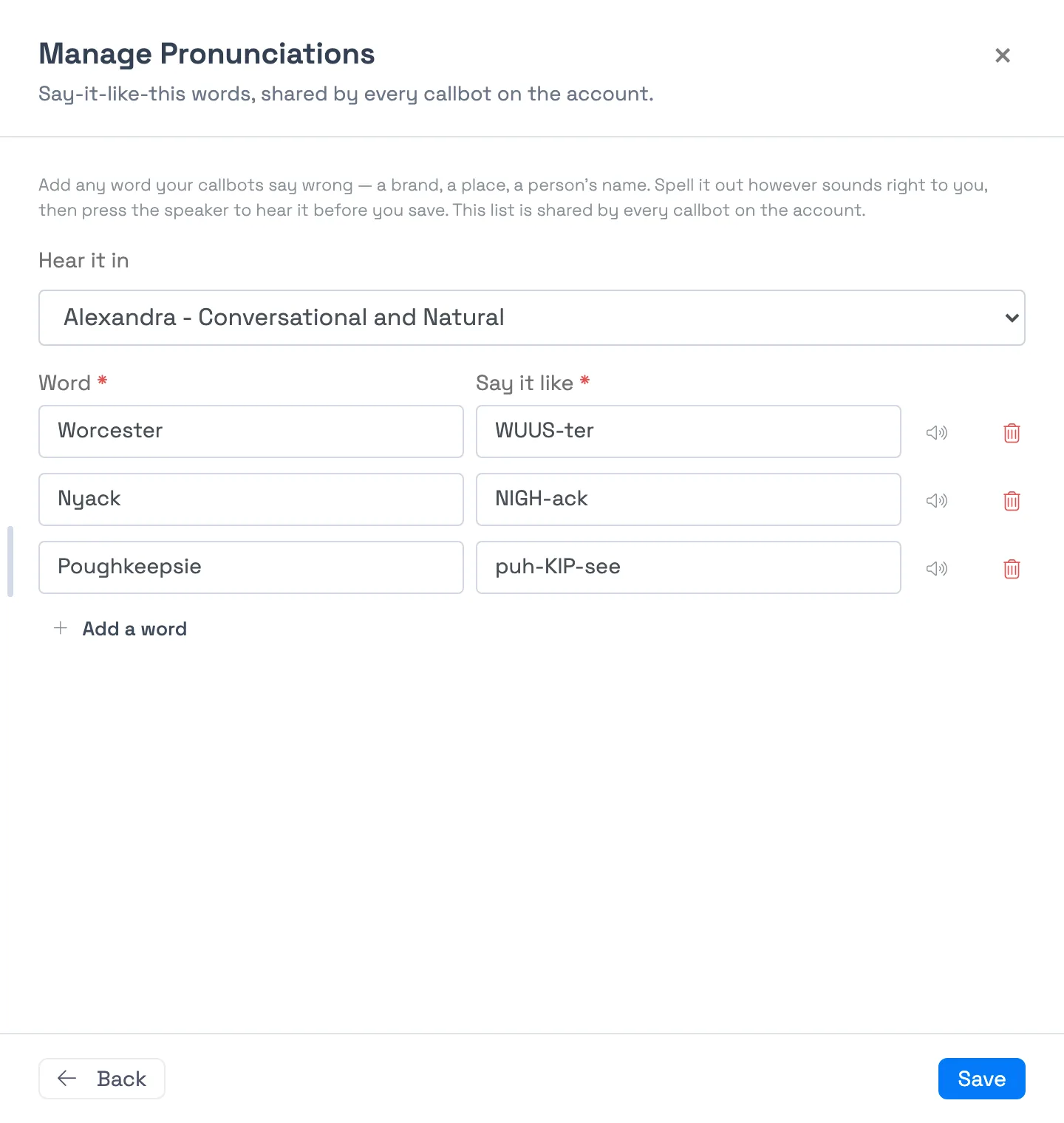 The Manage Pronunciations panel with three rows. Each row has a Word field, a Say it like field, a speaker button to hear it and a delete button. A voice picker labeled Hear it in sits above the rows and the Save button is at the bottom right