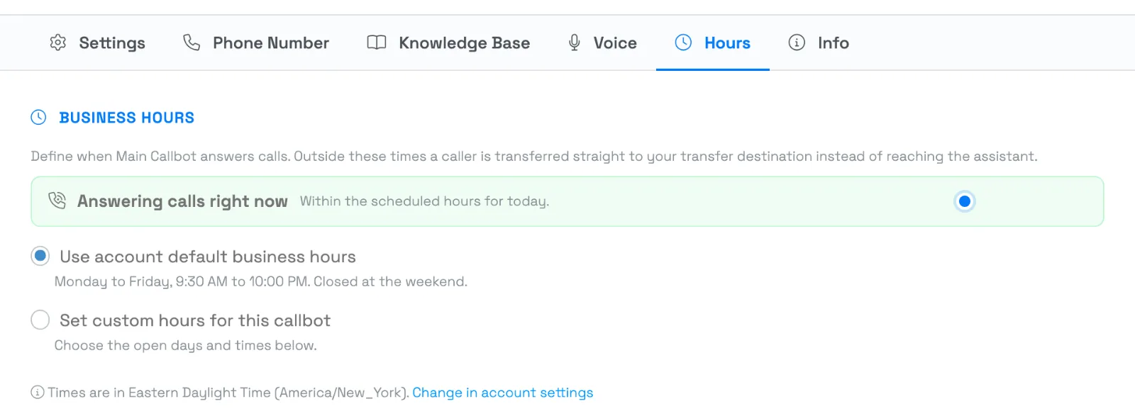 The Hours tab of the Configure CallBot panel with a green Answering calls right now banner showing the reason, Within the scheduled hours for today