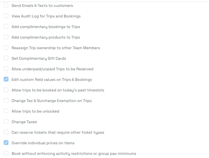 The permission 'Allow trips to be booked on today's past timeslots' in the permission group editor