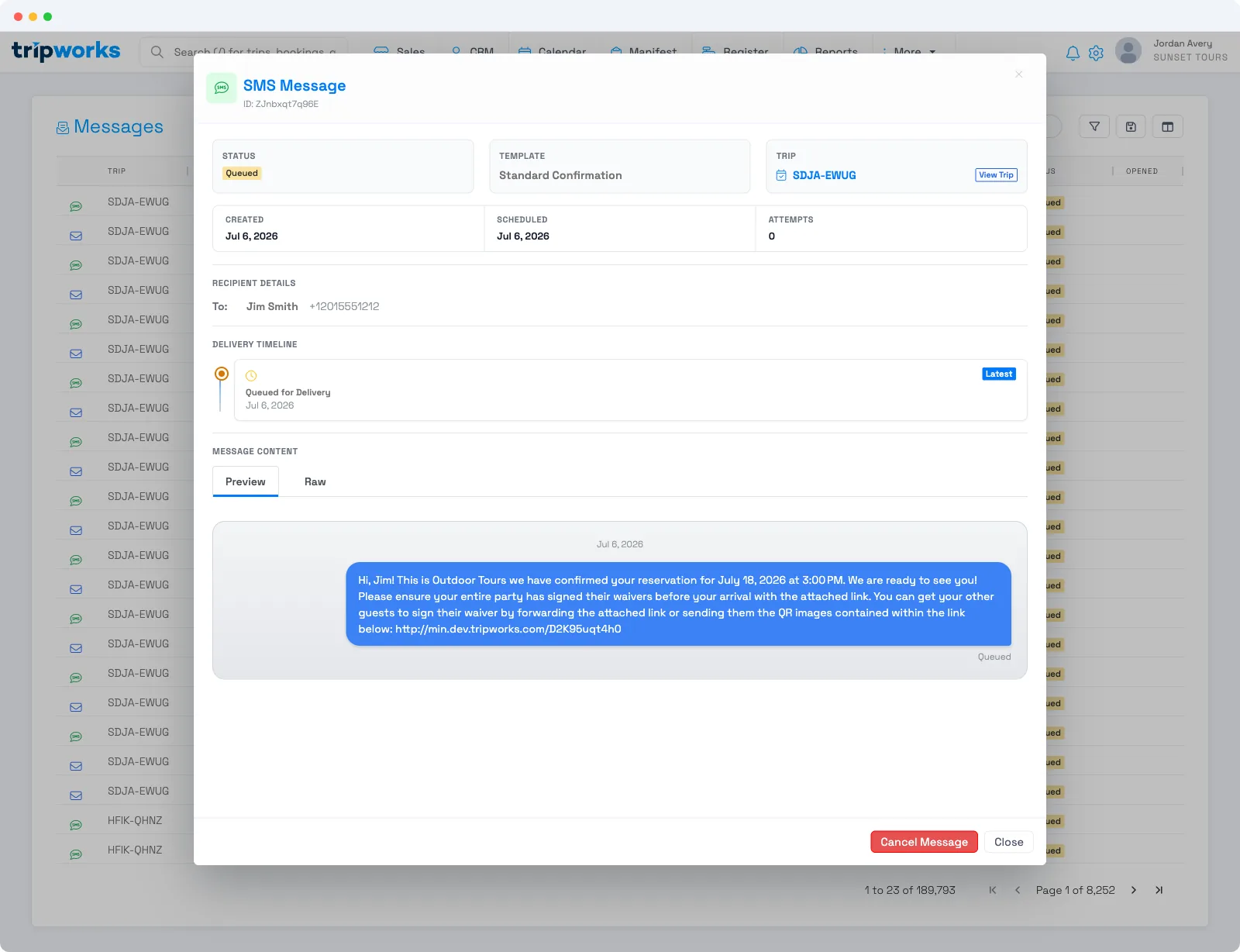 A scheduled message’s detail view with status, delivery timeline, and a Cancel Message button