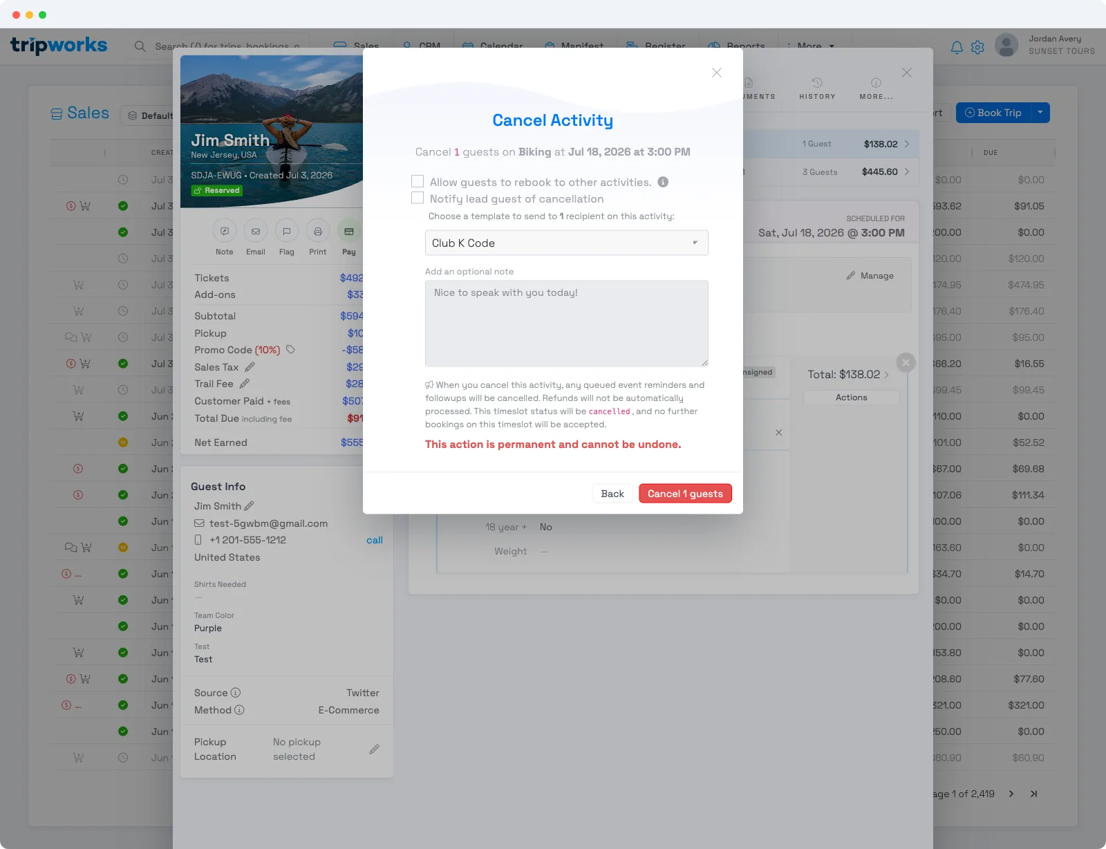 The Cancel Activity dialog with a Notify lead guest of cancellation checkbox and a template picker