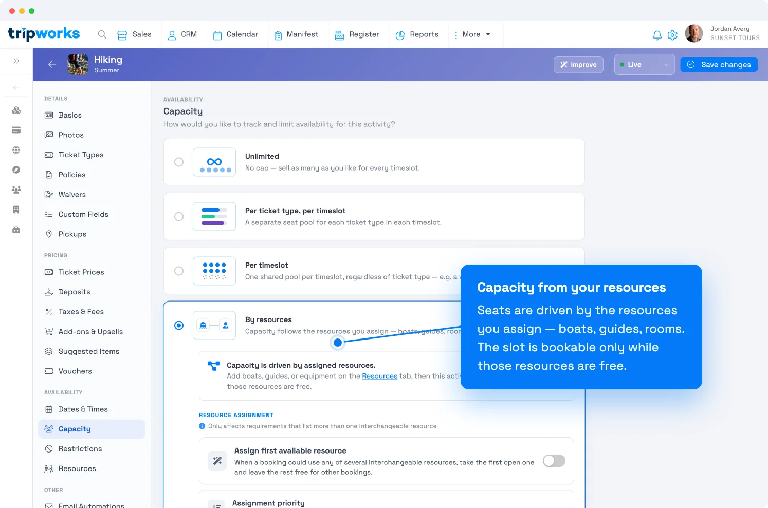 Capacity by resources in TripWorks — capacity driven by assigned resources, with the resource assignment and operational-limit options
