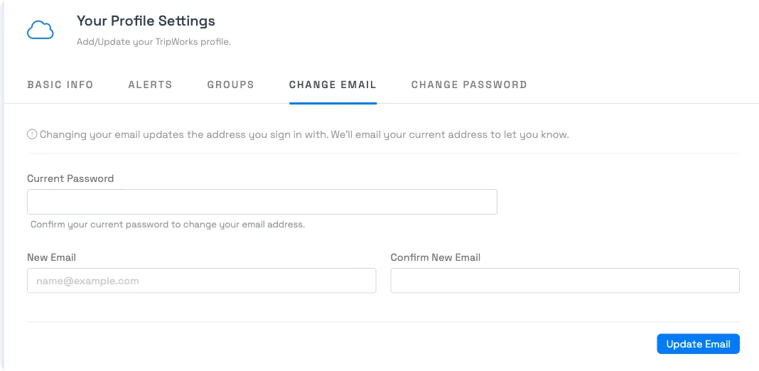 The My Profile Change Email tab with Current Password, New Email, and Confirm New Email fields