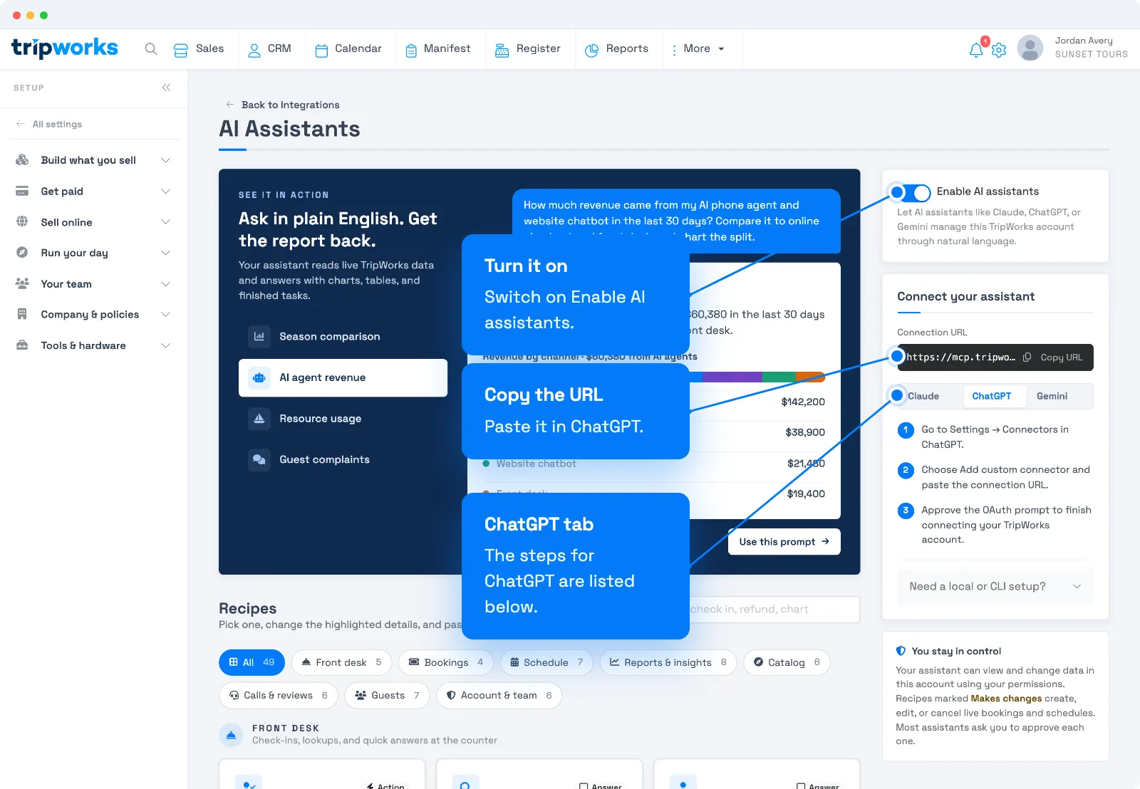 TripWorks AI Assistants page with the ChatGPT tab selected, with callouts for the Enable AI assistants switch, the Connection URL, and the ChatGPT steps