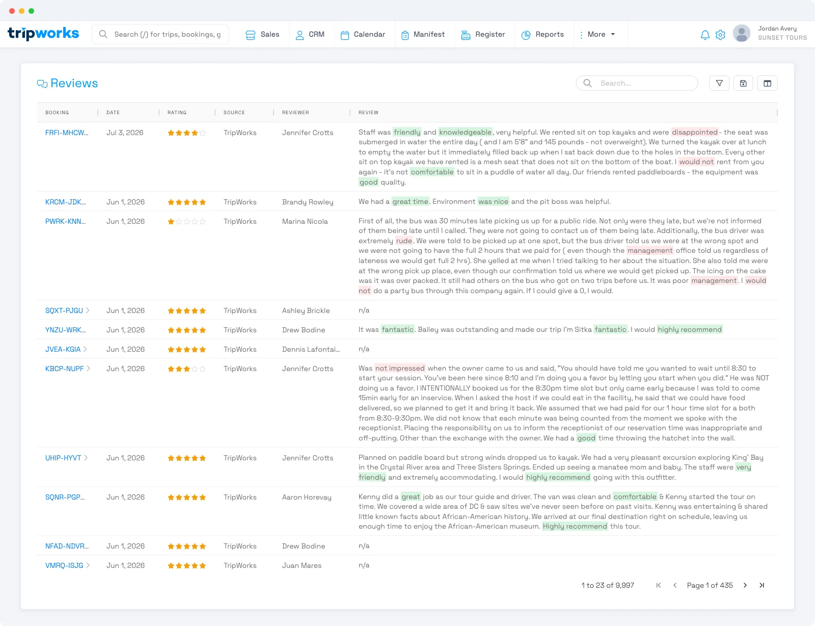 The Reviews page listing collected guest reviews