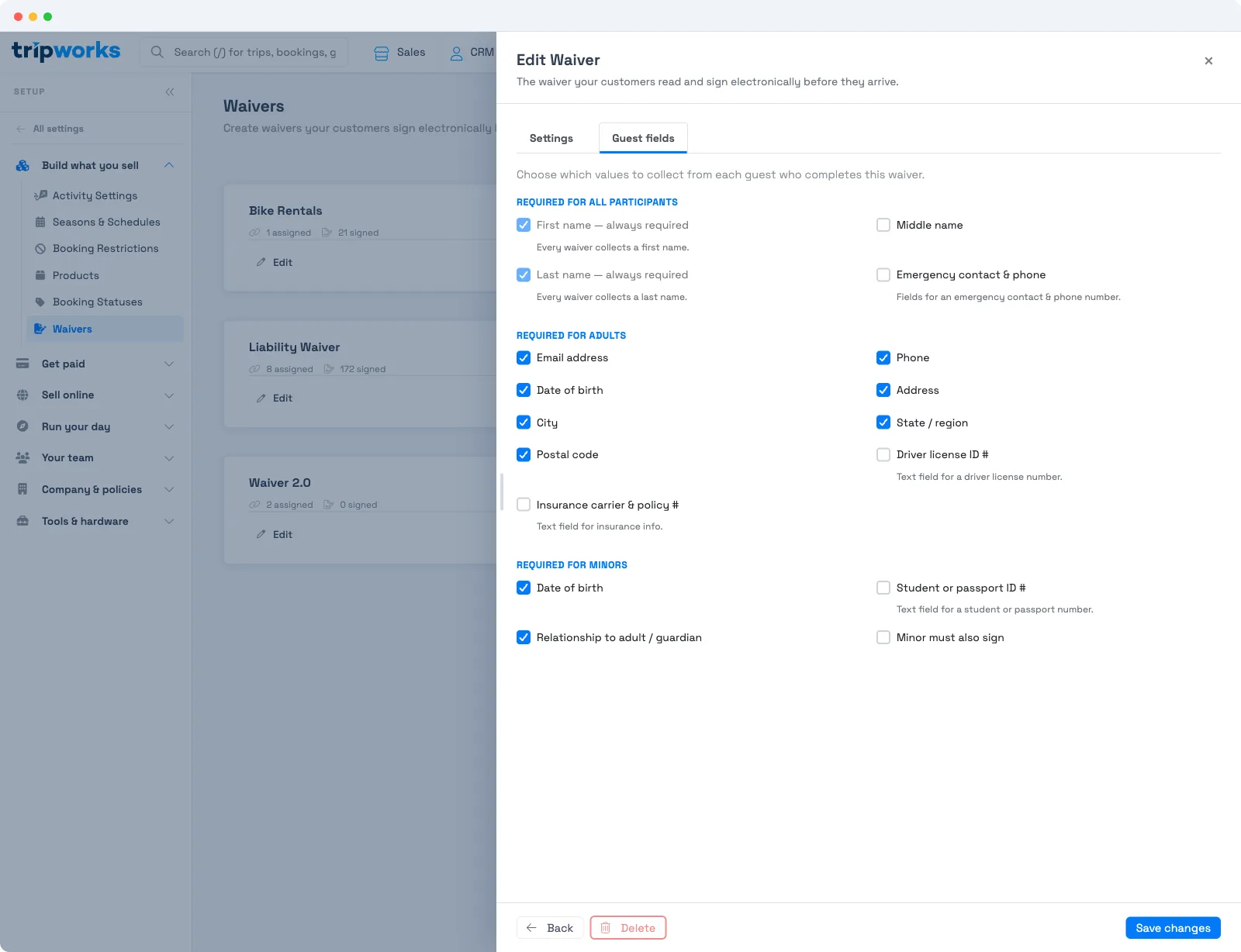 Collect guest data with waivers in TripWorks — the Guest fields tab of the waiver editor, with toggles for the guest information to collect (email, phone, DOB, address, driver license, insurance, and minor fields)
