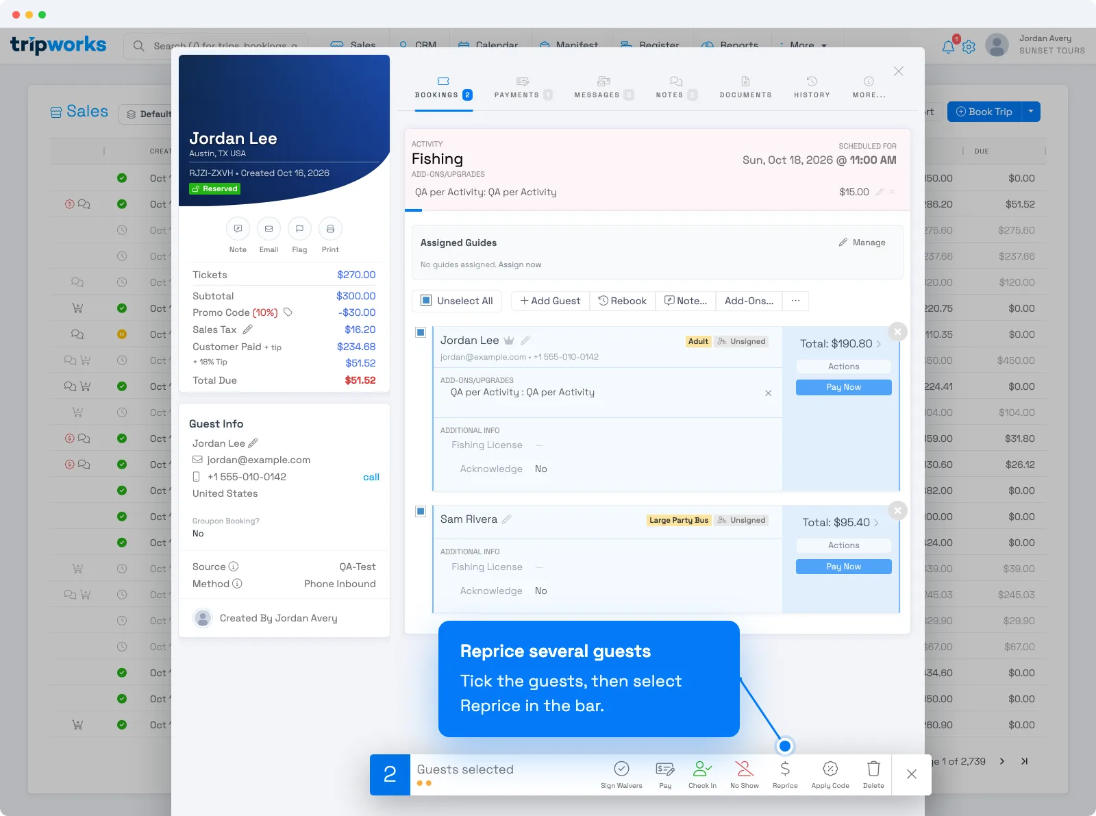 Reprice several guests at once in TripWorks, with two guests ticked and Reprice highlighted in the selection bar