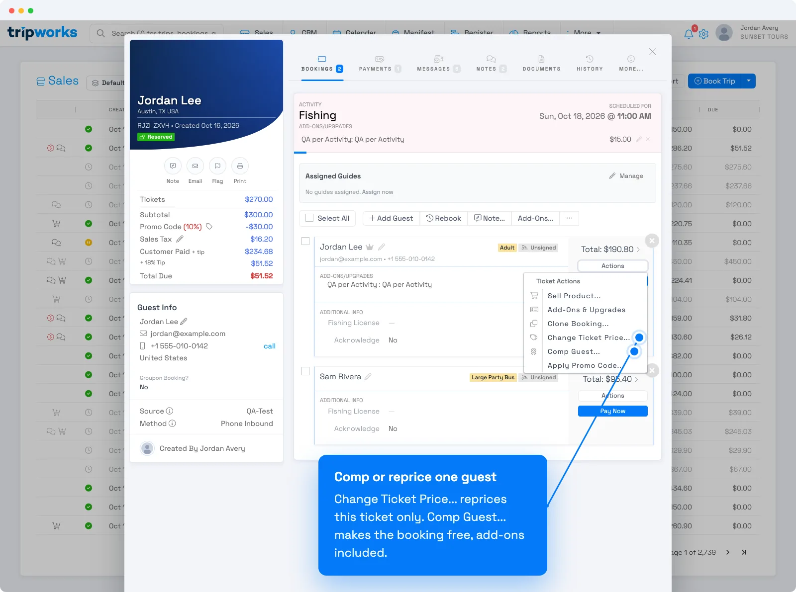 Comp or reprice a guest in TripWorks, with the guest Actions menu open showing Change Ticket Price and Comp Guest