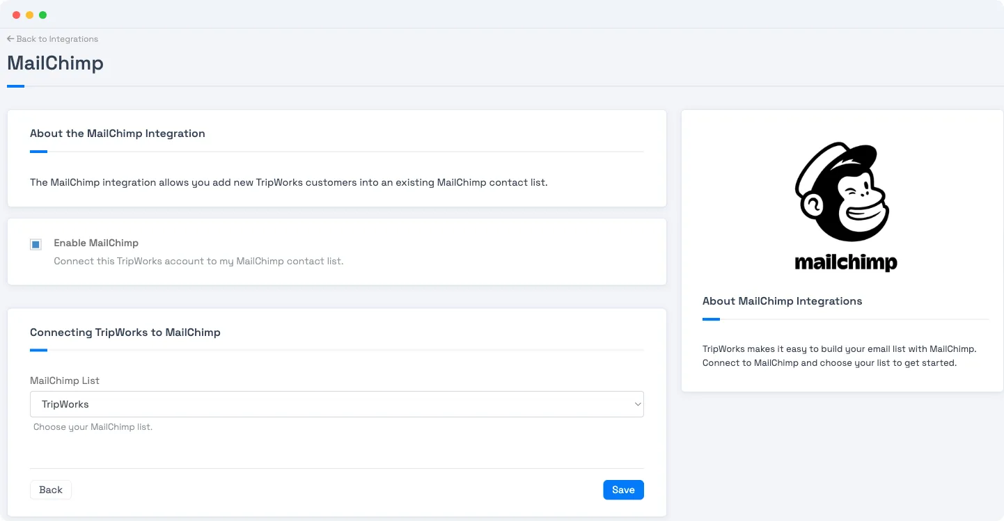 The Mailchimp integration page: an Enable Mailchimp switch and a Mailchimp List dropdown — no API key field