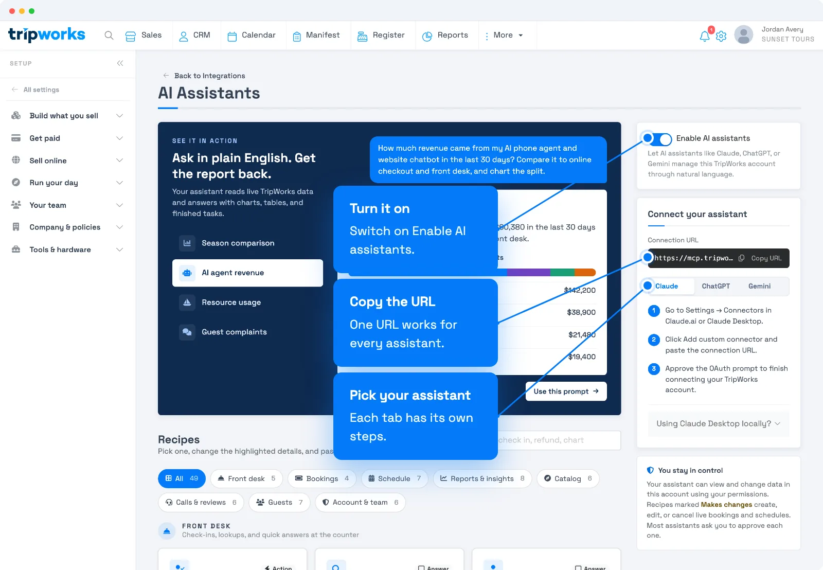 TripWorks AI Assistants setup page with callouts for the Enable AI assistants switch, the Connection URL, and the Claude, ChatGPT, and Gemini tabs