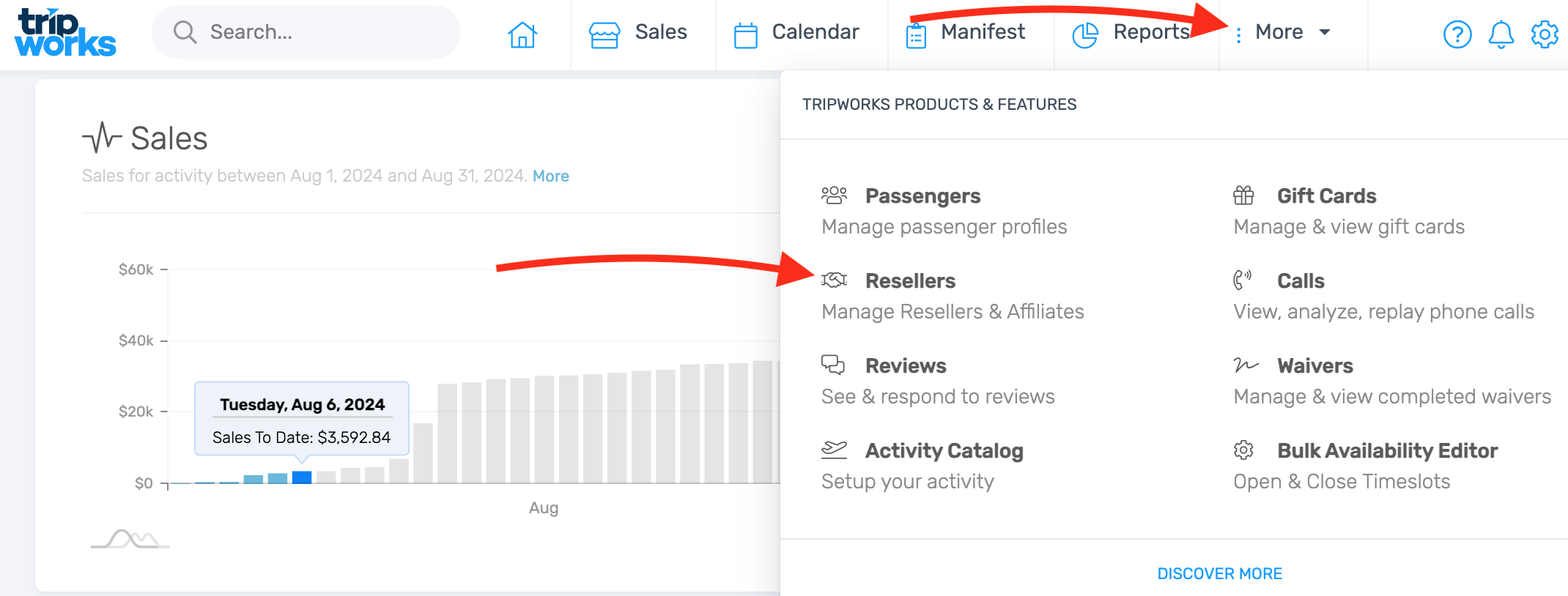 Connect GetYourGuide to TripWorks — the More menu open to Resellers in the TripWorks dashboard Connect GetYourGuide to TripWorks — the More menu open to Resellers in the TripWorks dashboard