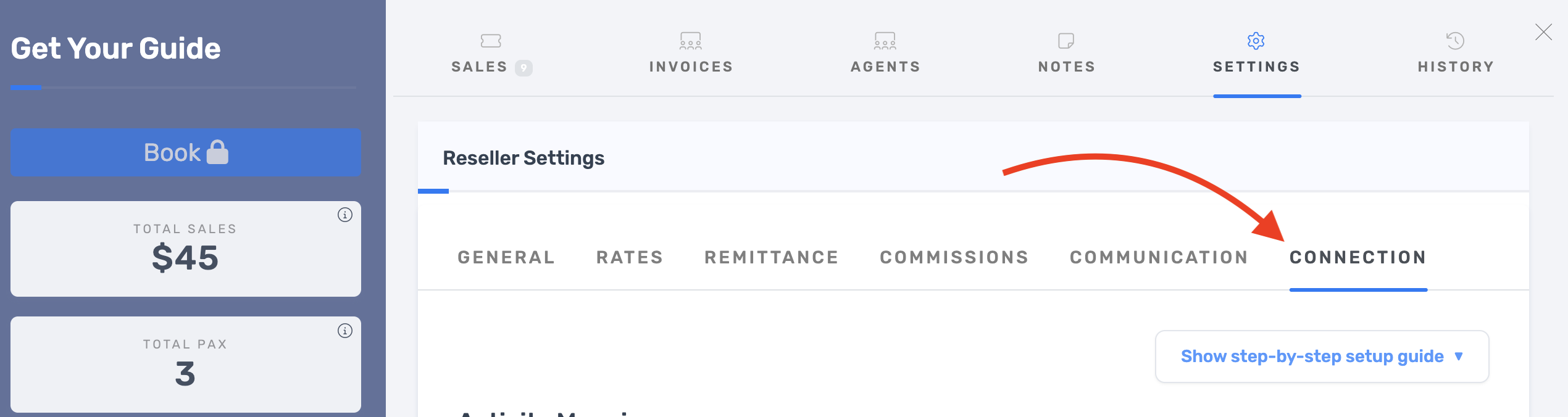Connect GetYourGuide to TripWorks — the reseller profile Settings tab with the Connection option selected Connect GetYourGuide to TripWorks — the reseller profile Settings tab with the Connection option selected