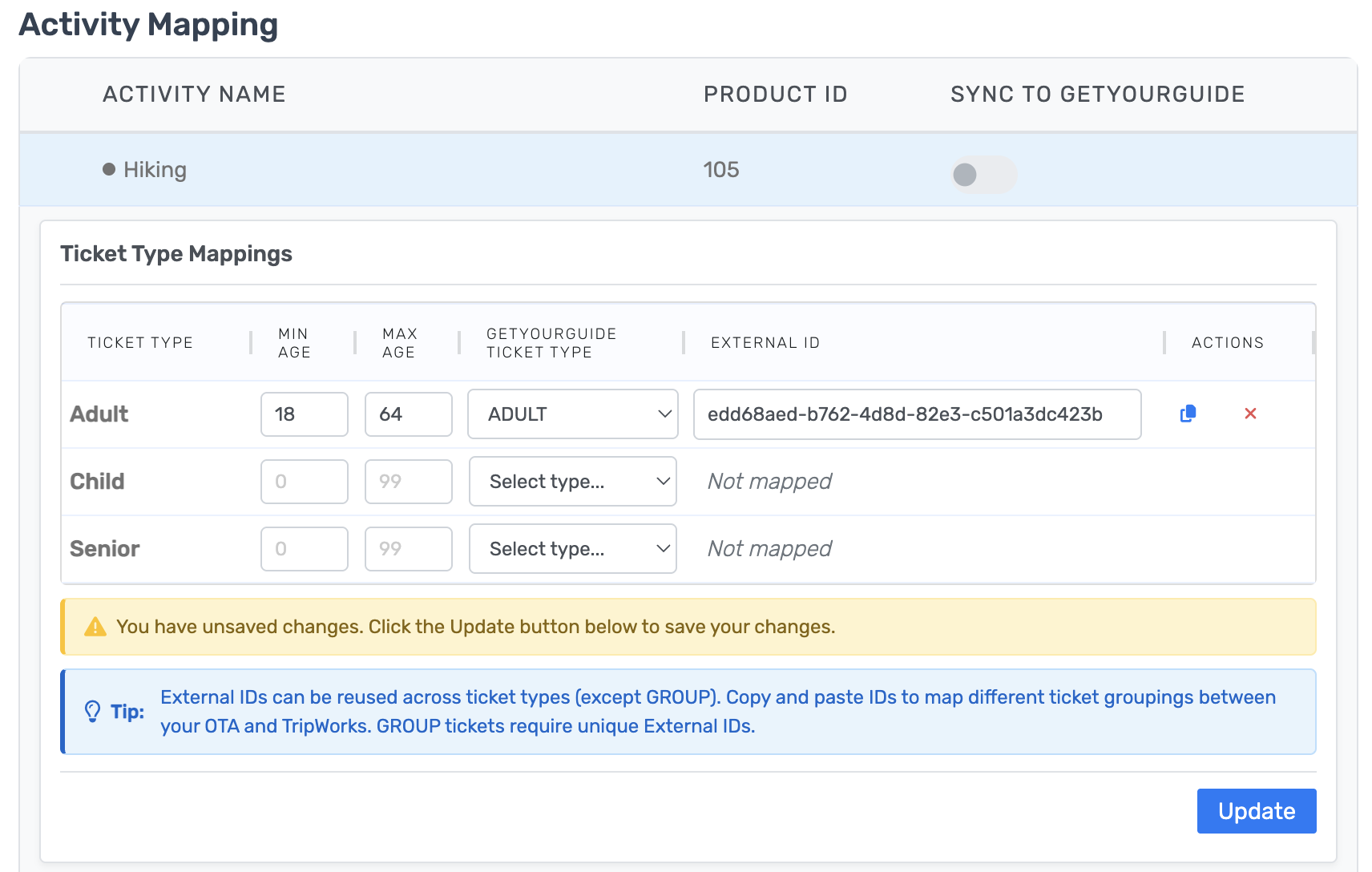 Connect GetYourGuide to TripWorks — the Activity Mapping table with sync toggles for each activity Connect GetYourGuide to TripWorks — the Activity Mapping table with sync toggles for each activity