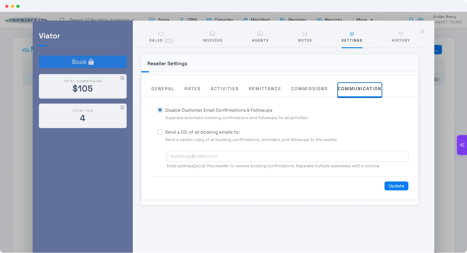 A reseller's Communication settings with Disable Customer Email Confirmations & Followups checked, and a Send a CC option