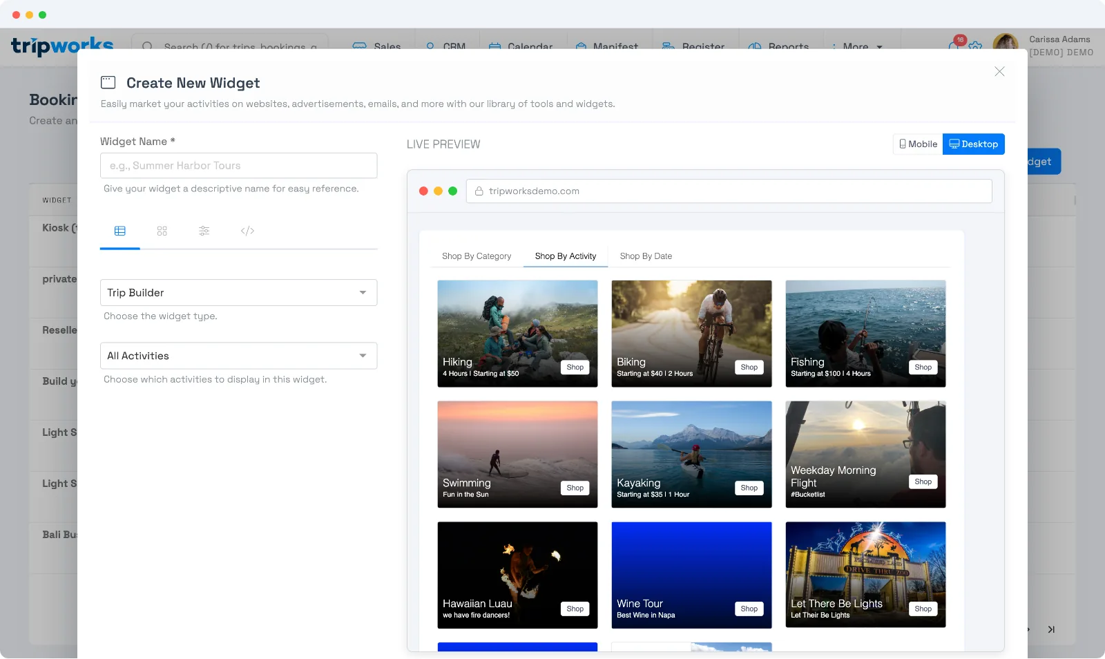 The TripWorks widget builder with a widget name, type and activity selectors on the left and a live desktop preview of the booking catalog on the right