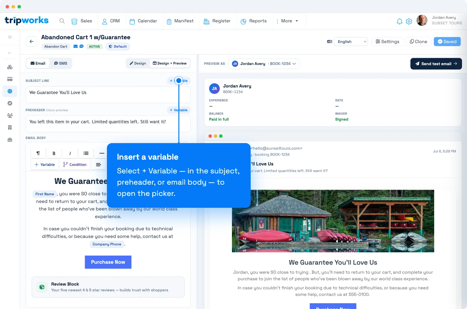 Add custom field answers to emails in TripWorks — the + Variable button in the Message Template editor that opens the variables picker